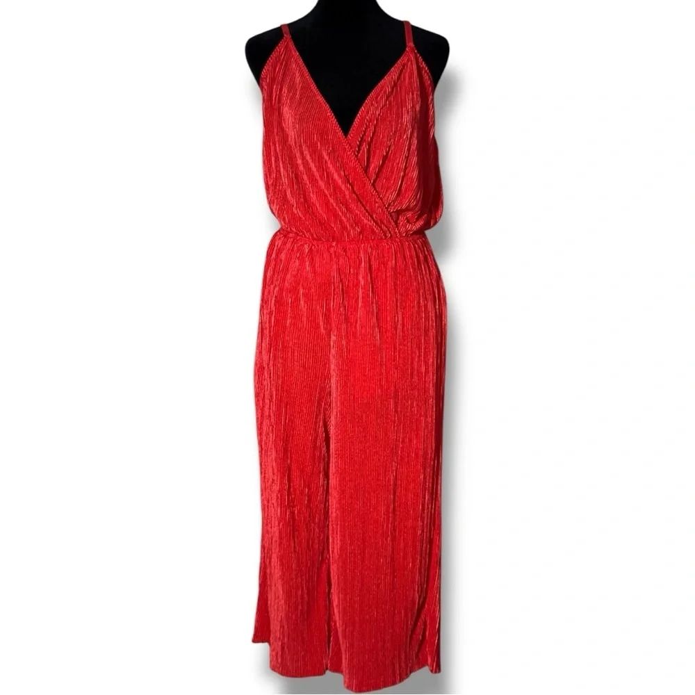 love, Fire Vibrant V Neck Wrap Style Top Sleeveless Flowy Red Wide Leg Jumpsuit